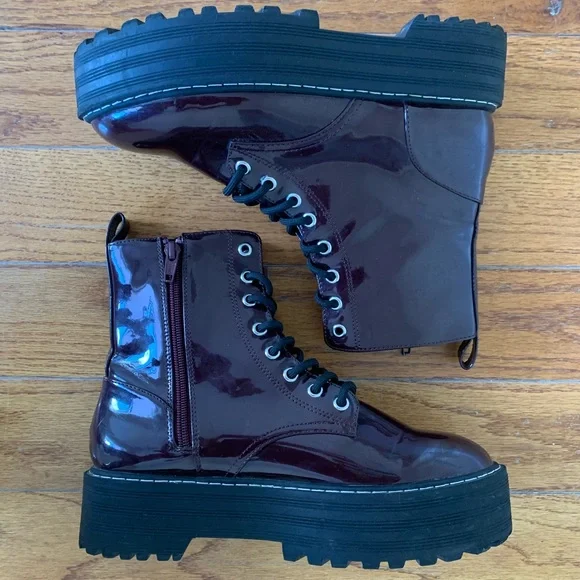H&M Patent Leather Burgundy Platform Combat Boots - Picture 1 of 2